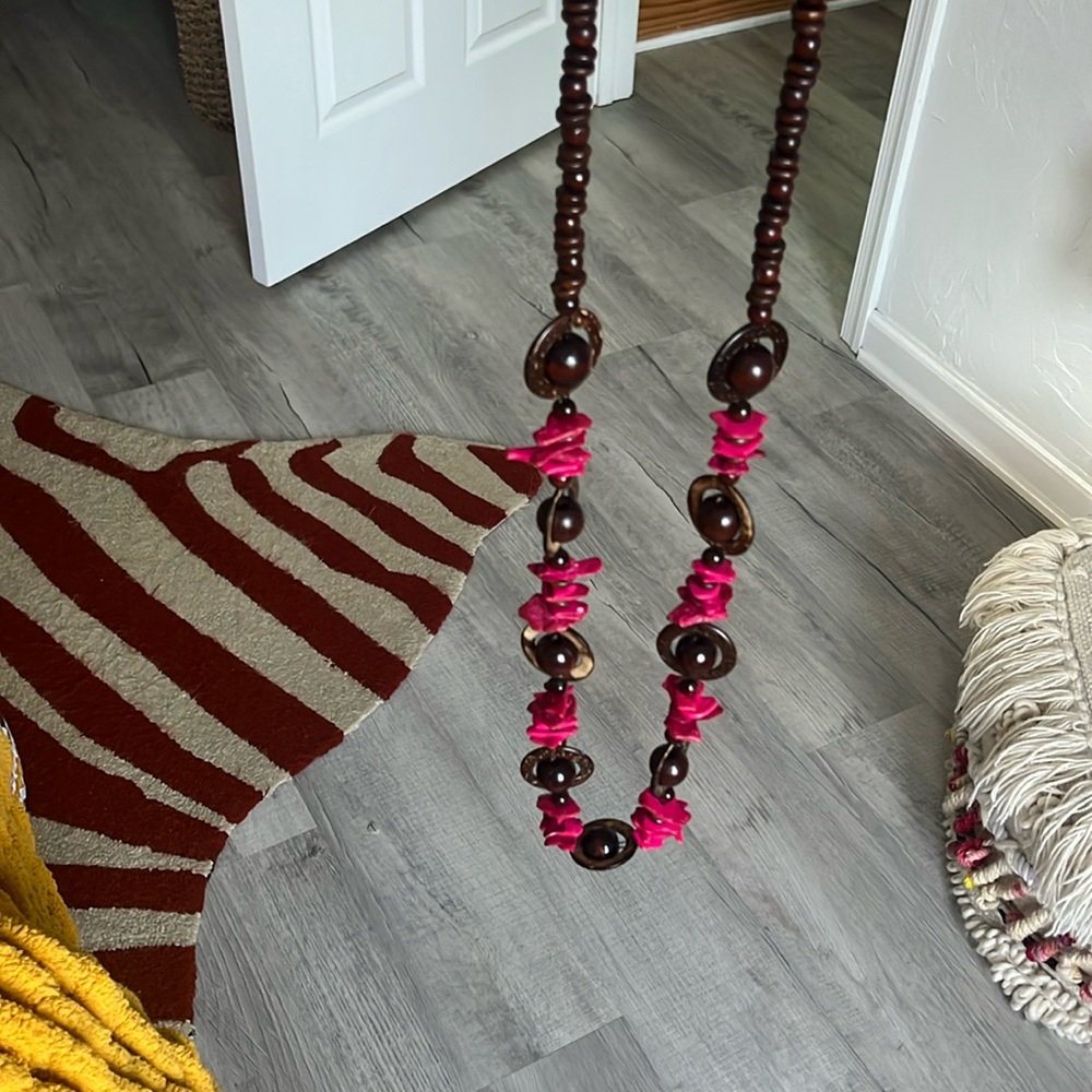 45” long Elegant Brown and Pink wooden Bead Beaded Lei boho Necklace